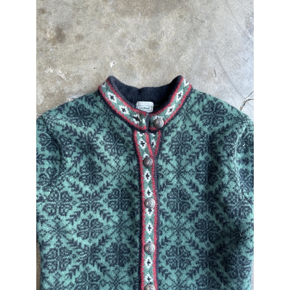 L.L. Bean Women's Green Geometric Cottage Preppy Merino Wool Cardigan Sweater S - Picture 3 of 8